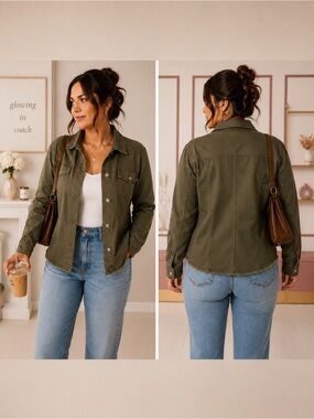 Olive Green Frayed Hem Denim Jacket | Baccini- 2XL